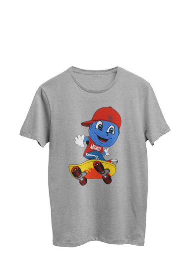 WooHooBerry showcasing skateboarding skills, wearing a cap with the Woohoo Apparel logo on backwards. This gray T-shirt proudly displays the iconic 'WooHoo' text. Capturing the dynamic and youthful essence of skateboarding